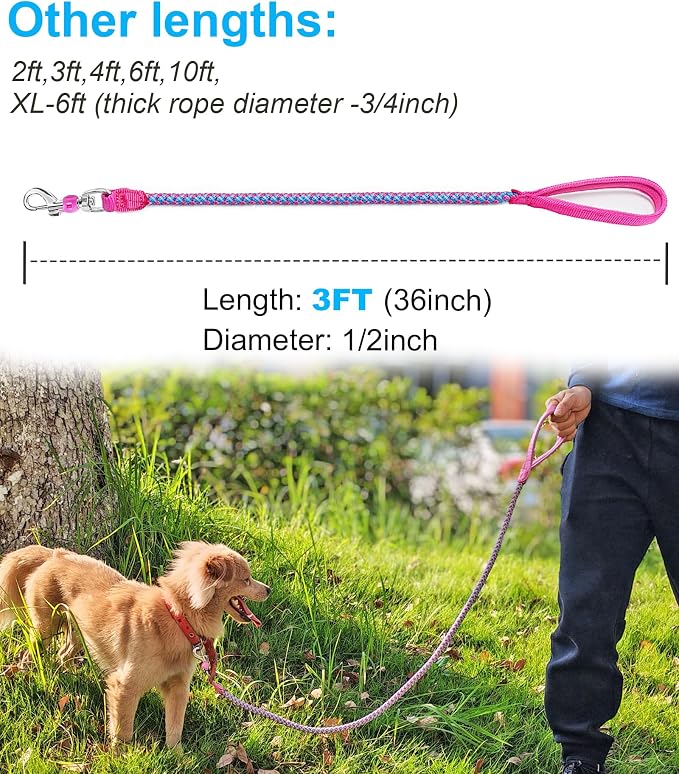 Reflective Dog Leash 2/3/4/6/10ft Braided 1/2" Strong Nylon Rope | 3FT Pink Dog Leash for Large Medium Small Dogs Walking Training Leads - Image 2