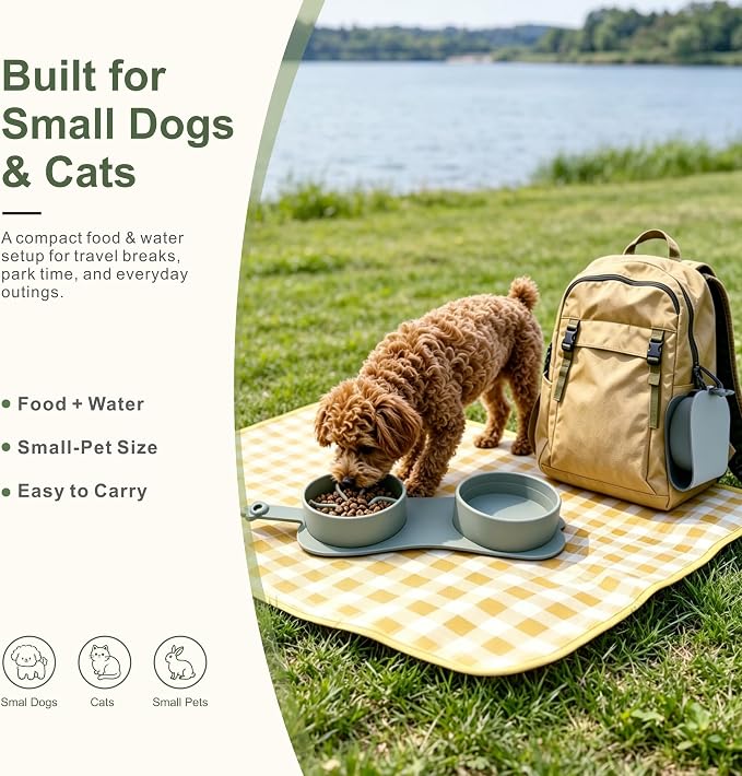 Portable Collapsible Travel Double Bowl for Small Dogs Up to 10 lb | Silicone bowl with a slow feeder side and carabiner. Unique design avoids onsite cleanup. Pour out water, close it and go - Image 2