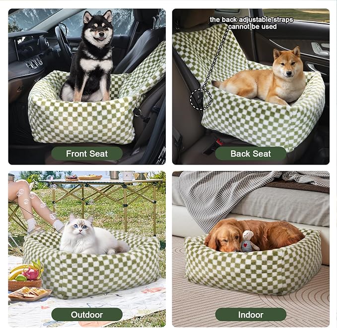 Dog Car Seat for Small Dogs,Medium Dog Car Bed with Detachable Washable Cover,Pet Puppy Booster Cars Seats with Safety Belt Up to 30 lbs(Grid Green) - Image 2
