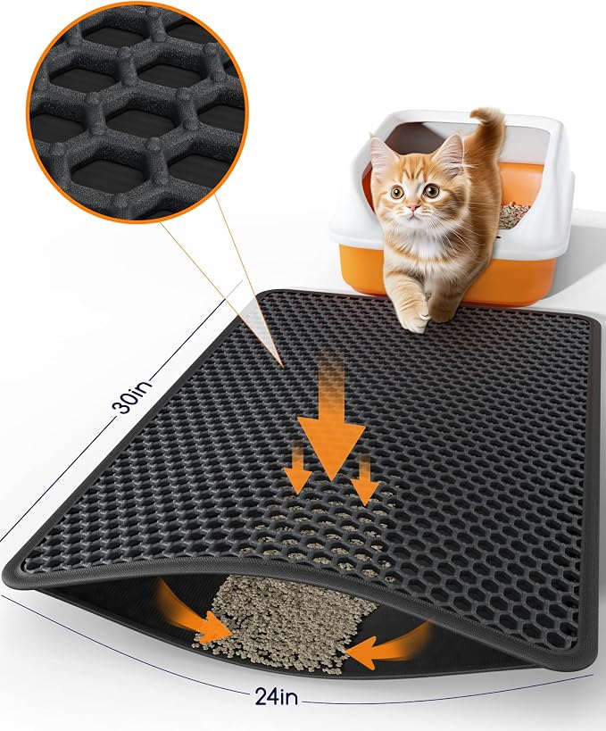 Powools Cat Litter Mat, Double-Layer, 30 x 24 in, Urine-Proof, Black | Non-Slip Litter Trapping Mat, Easy to Clean, Kitty Litter Mats for Floor, Scatter Control, Waterproof Litter Box Mat for Cats - Image 2