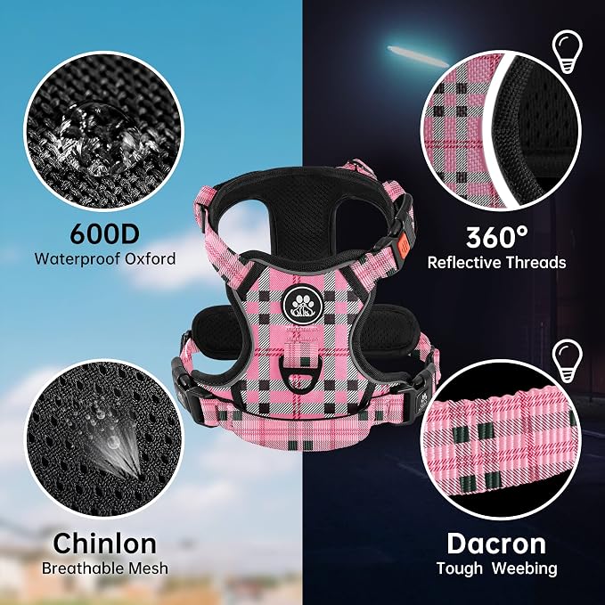 NESTROAD No Pull Dog Harness with Leash, Reflective No Choke Pet Vest Harness,Adjustable Soft Padded Dog Harness with Easy Control Handle for Small Dogs(Checkered Pink,Small) - Image 2