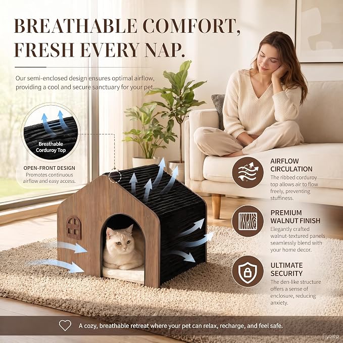 Modern Wooden Indoor Cat House - E0 Grade Enclosed Cat Cave Bed | Eco‑friendly non‑toxic washable cushion, walnut finish matches home decor, fits cats up to 20 lbs, easy assembly - Image 4