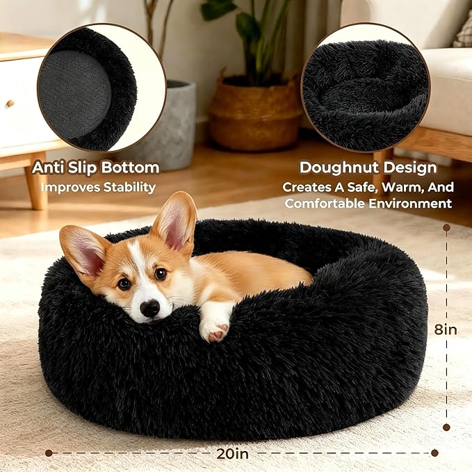 Calming Donut Dog and Cat Bed for Indoor Cats, Anti-Anxiety Round Fluffy Soft Washable Small Pet Bed for Puppy and Kitten, Warming Comfortable Luxury Anti-Slip Waterproof Mute Base 20in Black - Image 3