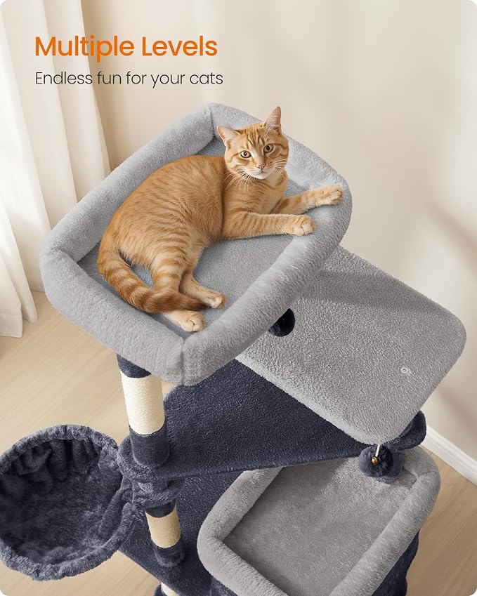 Feandrea Cat Tree Indoor, 60" Multiple-Level Plush Cat Tower, Dark Gray | 2 Caves, 3 Steps, 3 Scratching Posts, 3 Ball Toys, Cat Condo House for Large Adult Cats, UPCT007G02 - Image 4