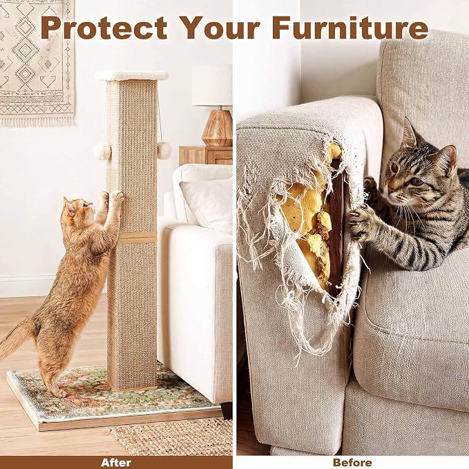 Tall Cat Scratching Post for Indoor Cats Adults with Carpet, Green | 33 Inch, Large Cat Post with Perch, Heavy Duty&Stable, Sisal Rope, Cute Cat Scratcher with Boho Carpet & Dangling Ball Toys - Image 6