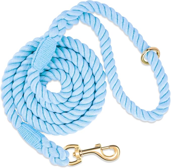 6 FT Handmade Rope Dog Leash for Small Medium and Large Dogs | Soft and Comfortable Grip, New Golden Heavy Duty Metal Clasp, Light Blue by PetsGoodFriend