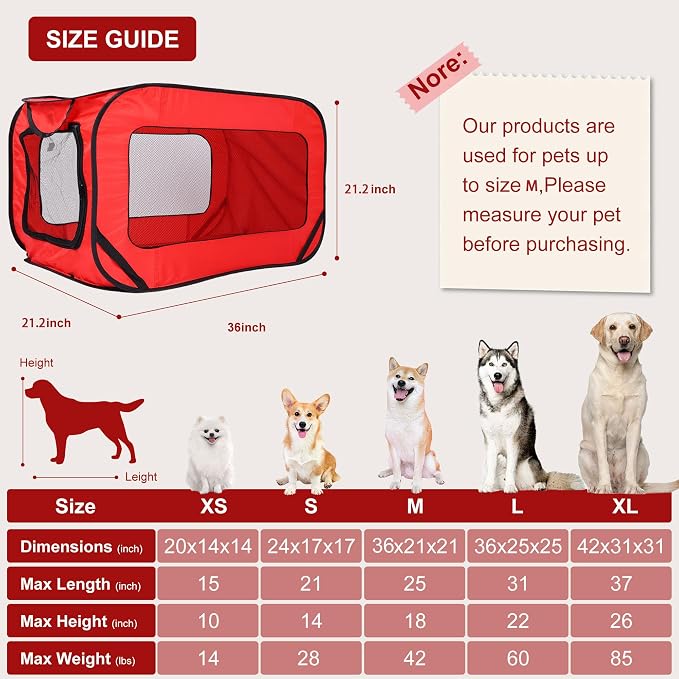 36 Inch Foldable Dog Kennel for Large Dogs, Portable Waterproof Pop-Up Pet Crate, Indoor Outdoor Travel Car Seat Kennel (Red) - Image 7