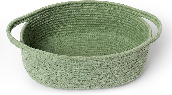 MEGASKET Green Woven Basket, 13" x 9" x 5" Baskets for Gifts Empty, Cute Cotton Rope Cat Dog Toy Bin Box, Small Woven Bin for Organizing, Green Room Decor, Nursery Baby Cloth Diaper Storage Organizer by MEGASKET