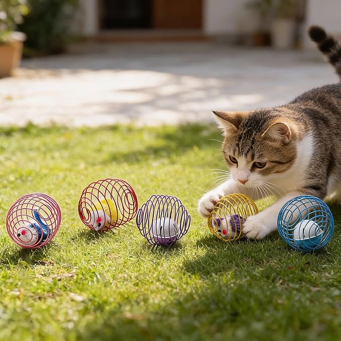 Jecery 5 Pcs Cat Toys Spring,Mouse and Bell,Mix Colors | Interactive Metal Cat Toy, Stretchable Rolling Ball, for Indoor Cats, Colorful Playful Coils, Kitten Pet Supplies - Image 6