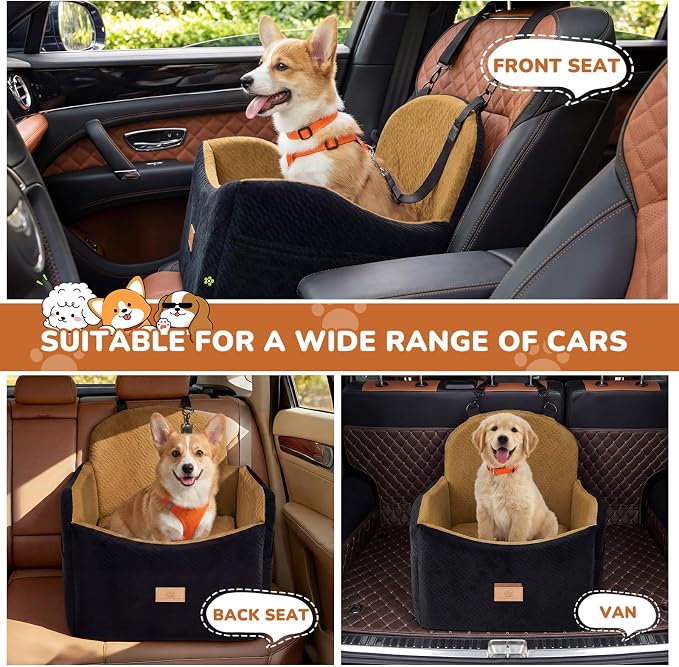 Dog Car Seat for Medium/Small Dogs, Dog Booster Car Seat, Pet Booster Seats Up to 40lbs with Waterproof Layer, 3 Storage Pockets and Safety Belt (Black/Brown) - Image 2