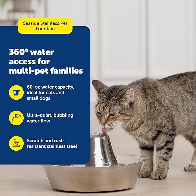 PetSafe Seaside Stainless Cat & Dog Fountain, 60 oz, 2 Filters & Pump | 60 Oz Capacity, 360-Degree Flow, Triple-Filter with 2.5x More Activated Carbon, Scratch/Rust-Resistant Stainless Steel - Image 3