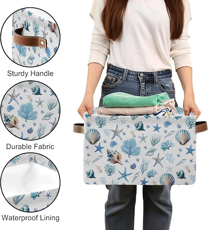Sea Shells Starfish Rectangle Storage Basket - Ocean Themed Collection Collapsible Storage Baskets with Handles - Ocean Conch Pattern Storages Bin for Kids Clothes, Gifts, Books, Toys - Image 6