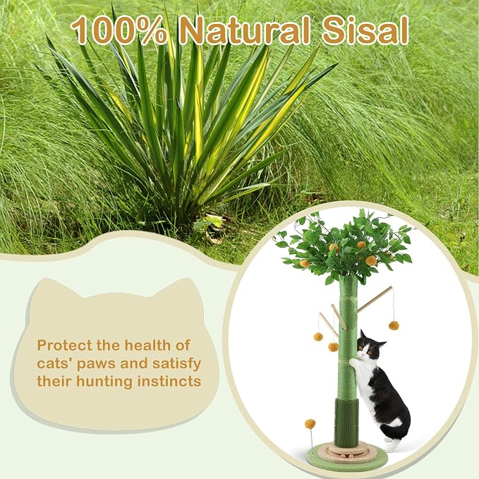 46" Tall Cat Scratching Post, Natural Sisal Cat Tree for Indoor Adult Cats | Vertical Cat Scratch Post for Body Stretching, Self-groomer Brush, Stable 3-layer Solid Wood Base, Interactive Ball Track Toy - Image 5