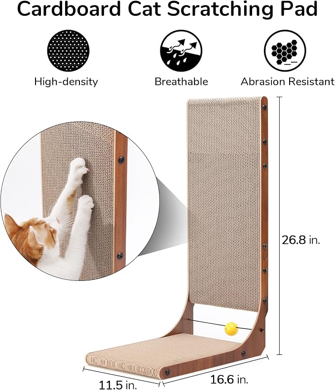 FUKUMARU Cat Scratcher for Indoor Cats, 26.8 Inch Cat Scratch Pad L Shaped | 2 Packs Cardboard Cat Scratcher, Vertical Cat Scratching Board with Ball Toy, Walnut Color - Image 6
