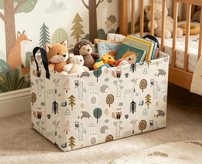 Sanjiaofeng Rectangular Cute Animals Storage Baskets,Foldable Kids Toy Clothes Bins for Bedroom,Woodland Animal Basket,Books Box, Gift Basket(Tree Trunk Animals) - Image 6