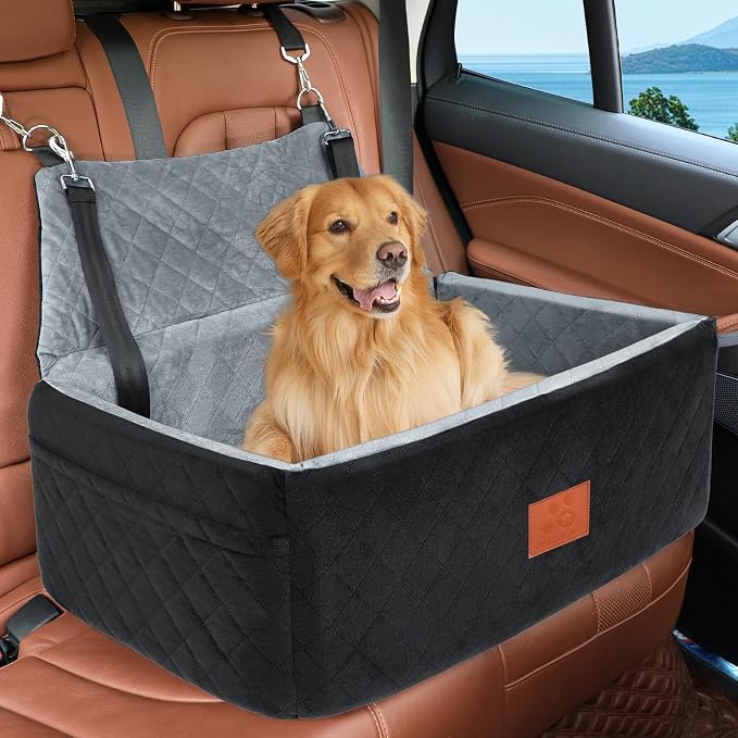 NEEZUKAR Dog Car Seat for Large Medium Size Dogs, Pet Car Seat Under 55 lbs | Thick Cushion, Detachable Washable Dog Booster Seat for 2 Small Dogs, Travel Dog Car Bed with Storage Pockets, 2 Safety Belts by NEEZUKAR