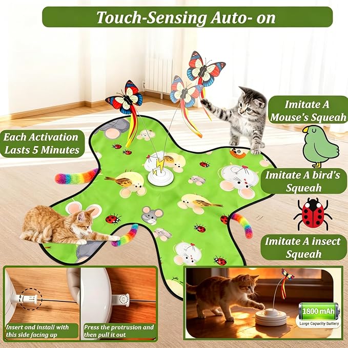 Interactive Cat Toys for Kitten & Adult Cats 3-in-1 Touch Activated | Rechargeable Motorized Cat Toy, Electronic & Automatic, Fluttering Butterfly, Moving Concealed Feathers, 3 Prey Sounds - Image 3