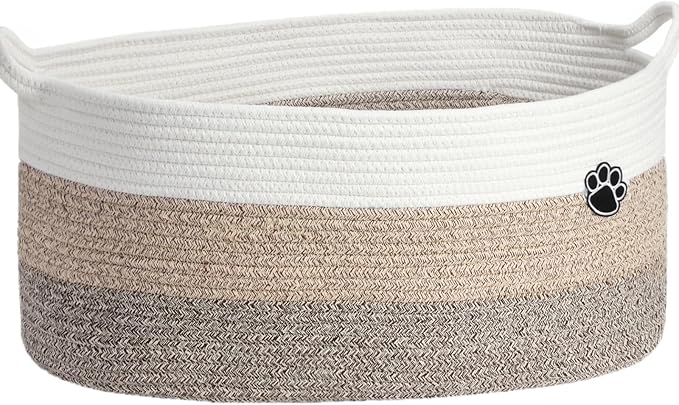 Optish 40L Extra Larg Dog Toy Basket, Woven Rope Storage Basket,White-Brown | 20" x 14" x 9" XL Toy Storage Box and Bin with Handles for Living Room, Bedroom Organization, Foldable, Durable, Home Decor by Optish