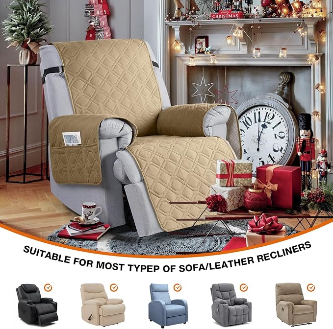 VANSOFY 100% Waterproof Recliner Chair Covers, Recliner Cover Non-Slip Dog Chair Cover Furniture Protector Washable Slipcover with Pocket, Elastic Straps for Pets, Dogs(Sand, 30") | Non-Slip, Slipcover with Pocket, Furniture Protector, Elastic Straps, ... - Image 3
