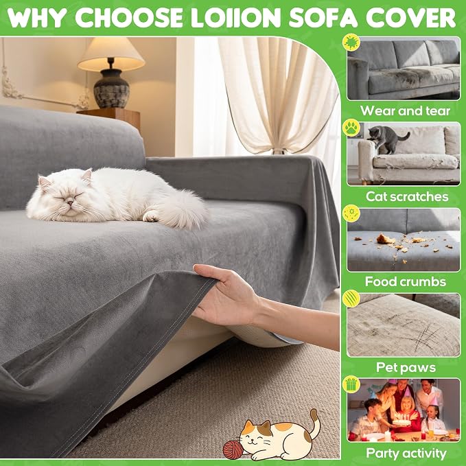 Loiion Cat Scratch Couch Cover Waterproof Sofa Cover 91"X71" Grey | Pet-Friendly Couch Protector, Anti-Scratch & Non Slip Sofa Cover For Cats Dogs Kids, Machine Washable - Image 5