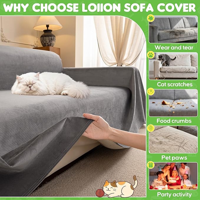 Loiion Cat Scratch Couch Cover Waterproof Sofa Cover 118"x91" Gray | Pet-Friendly Couch Protector, Anti-Scratch & Non Slip Sofa Cover For Cats Dogs Kids, Machine Washable - Image 8