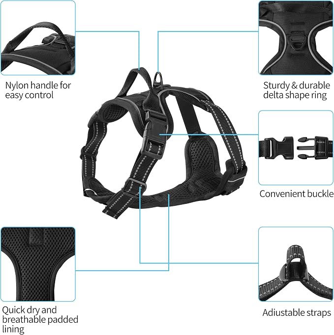 Adjustable Reflective Black No-Pull Dog Harness with 2 Leash Clips，Soft Padded Vest for Large Dog, Easy to Put on and Take Off, Black L - Image 2