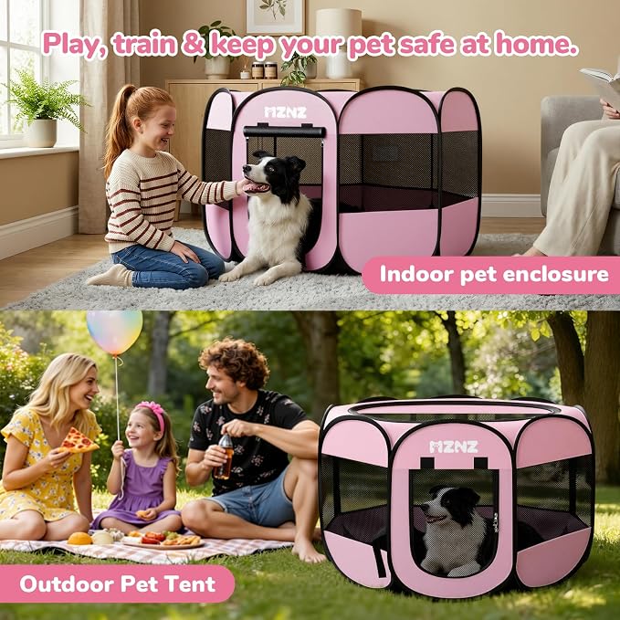 Dog Cat Small Animal Puppy Playpen Crate, Large, Whole Pink | Portable Pop Up Pet Cage Enclosure Tent Kennel Indoor Outdoor with Carrying Case, No Assembly, Camping Use - Image 5