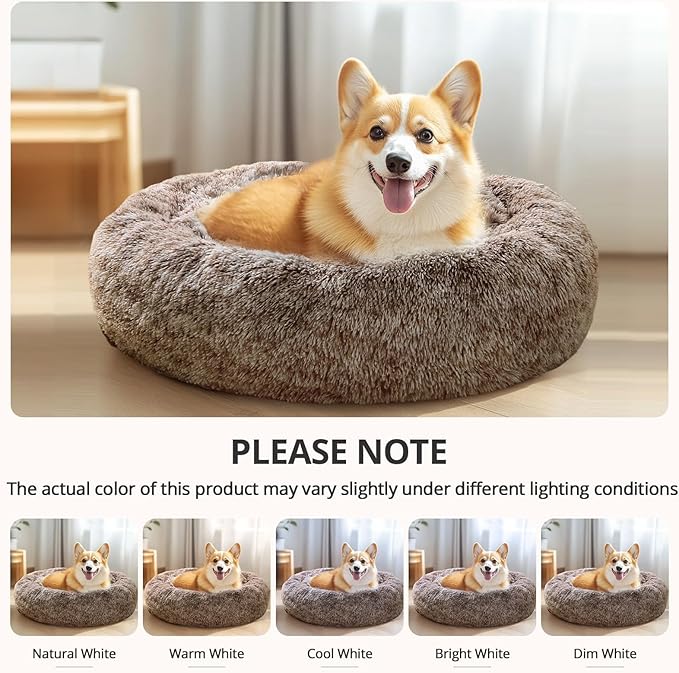 JOLLYVOGUE Calming Dog Bed Medium Size Dog, 31in Donut Washable Medium Pet Bed, Anti-Slip & Anti-Anxiety Fluffy Faux Fur Round Dogs Bed, Fits up to 45 lbs Pets (Smoke Brown) - Image 6