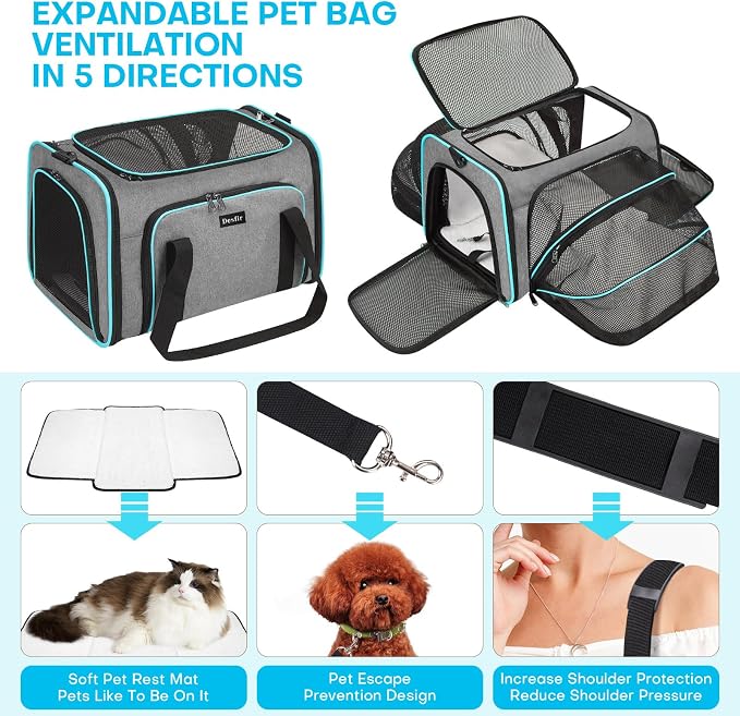 Pet Carrier, Large Soft Sided Expandable Travel Carrier with Steel Frame, Anti-Scratch Mesh, Removable Fleece Pad and Pockets for Cats, Dogs and Small Animals up to 15 lbs (Gray, 5 Sides Expandable) - Image 4