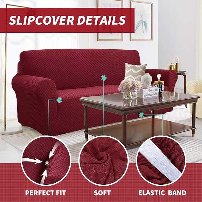 YEMYHOM Couch Cover Latest Jacquard Design High Stretch Sofa Chair Covers for Living Room, Pet Dog Cat Proof Armchair Slipcover Non Slip Magic Elastic Furniture Protector (Small, Christmas Wine Red) - Image 3