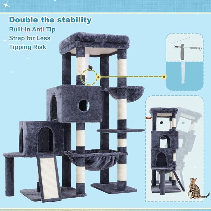 Hey-brother Cat Tree Tower with Plush Steped Condos, Big Platform, MPJ071G | 50 Inches Tiered Climbing Cat House with Sisal Scratching Posts, Spacious Hammock, Cozy Basket for Indoor Cats, Smoky Gray - Image 7