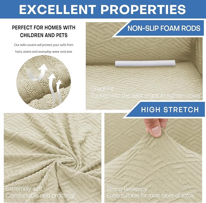 XINEAGE Stretch Jacquard XL Sofa Cover, Non Slip Sofa Slipcover for Dog | High-Stretch Fabric. Wear-Resistant, Pet Friendly. Easy Install & Washable for Living Rooms, Offices.Light Beige - Image 5