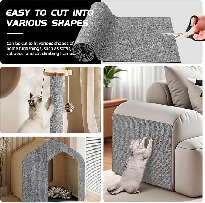 Cat Scratch Furniture Protector, Trimmable Self-Adhesive Cat Scratch Pad, 78.7"x11.8" Carpet Cover for Couch, Sofa, Walls, Furniture Cat Scratcher Board, Anti Scratch Pad for Cat Claws (Gray) - Image 2