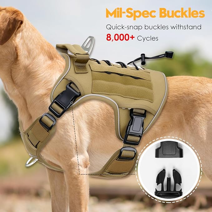 Heavy-Duty Tactical Dog Harness for Large Dogs, No Pull Adjustable Reflective Pet Vest with Molle System, K9 Military-Grade Control for Service Training, Outdoor & 10+ Breeds, Khaki, XX-Large - Image 3