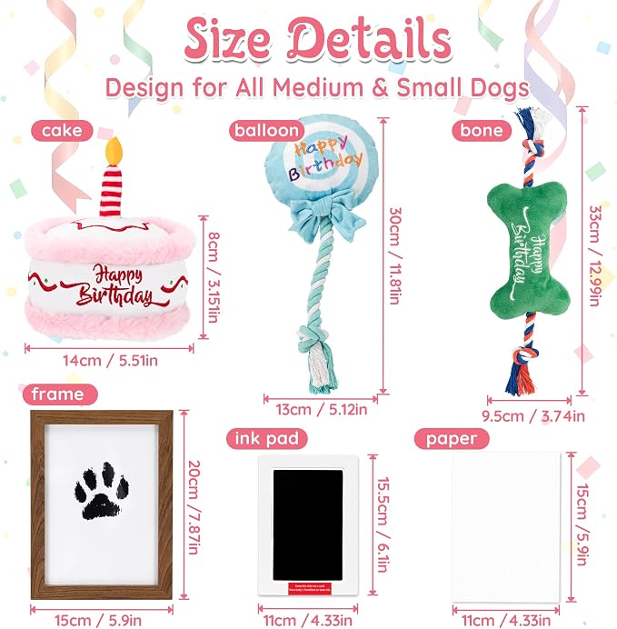 LECHONG 7Pcs Dog Birthday Toys Gifts, No-Mess Paw Print Keepsake Kit with Squeaky Dog Cake Toy, Plush Crinkle Toy, Pet-Safe Ink Pad & Photo Frame for Small Medium Dogs - Image 5