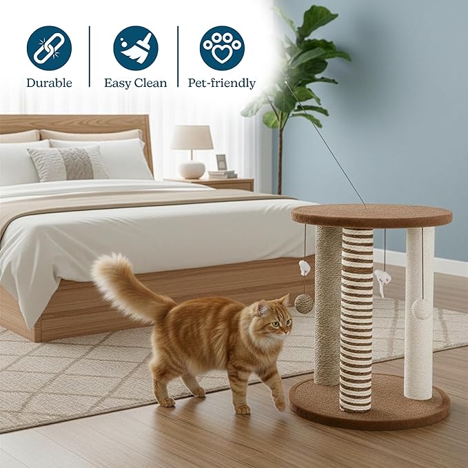 Cat Scratching Post - 3 Scratcher Posts with Carpeted Base Play Area and Perch - Furniture Scratching Deterrent for Indoor Cats by PETMAKER (Brown), Large | Large Tower Furniture Scratching Deterrent with Perch and Play Area for Indoor Cats and Kittens - Image 5