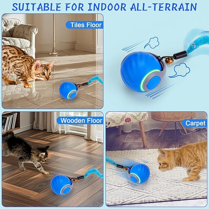 BABORUI 2Pack Blue Interactive Cat Toy Ball - Automatic Interactive Cat Toys for Indoor Cats with 3 Tails, 2 Speeds Rechargeable Enrichment for Small/Medium/Large to Keep Them Busy - Image 6