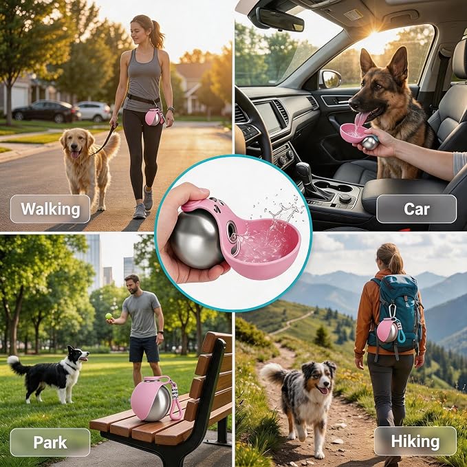 Dog Water Bottle Portable - 2 in 1 Stainless Steel Tumbler with Foldable Round Silicone Ball Bowl, 2-in-1 Leak-Proof Design for Dogs Pet Travel Walking Drinking（Pink） - Image 7