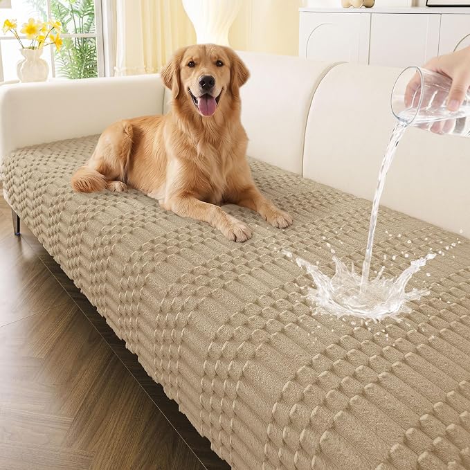 Smiry Waterproof Couch Covers for Dogs Washable, Non Slip Pet Sofa Cover | Plush Scratch Resistant Flannel Furniture Protector for Dogs, Khaki, 36" x 82.7" by Smiry