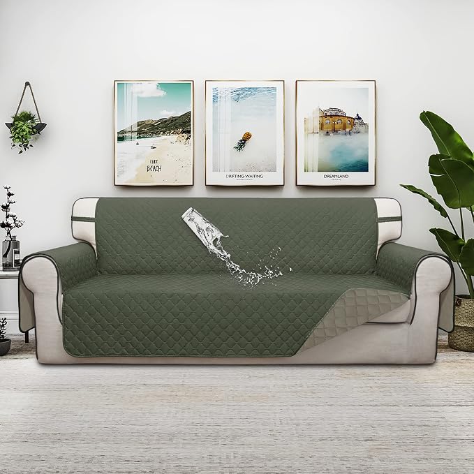 ISSUNTEX Double Protection 100% Waterproof Sofa Covers for Living Room, Couch Covers for 3 Cushion Couch Sofa, Reversible Furniture Protector Sofa Cover for Dogs, Pets (Sofa, Greyish Green/Beige) - Image 2
