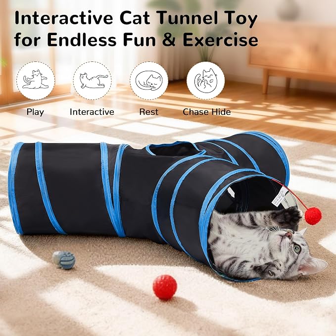 Tempcore Cat Tunnel for Indoor Cats, 3 Way Collapsible Pet Play Tunnel with Teaser Wand, Peek Holes & Hanging Ball, Interactive Tube for Kittens & Rabbits, Black & Royal Blue - Image 3