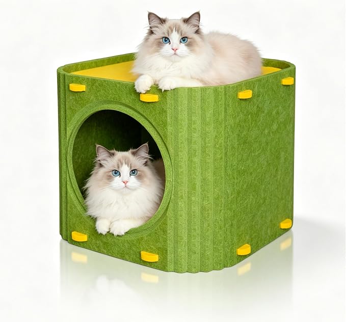 Cat House for Indoor Cats, Thick Felt Cat Bed, Scratch Resistant | Sturdy Cat Bed Cave, 2-in-1 Cat Condo, Cozy Felt Covered Cats Tunnel, 14.9 Inch Kitten Hideaway for Multicats, Up to 22Lbs by Unknown