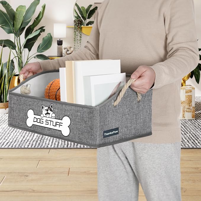 Dog Toy Basket, Storage Bin, Collapsible Box for Pet Accessories | Fabric Container With Handle, Trapezoid Holder for Small Medium dogs, Organizer for Living Room, Light Gray - Image 3