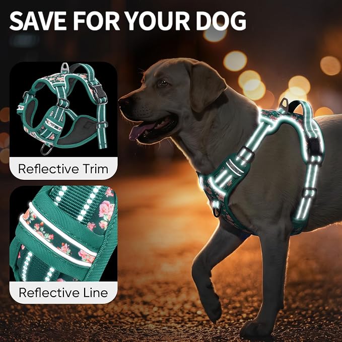 HEELE Large Dog Harness, Reflective, No Pull No Choke, Flower Grass Green L | Front Clip for Large Dog Harness, 2 Metal Rings with Handle, Adjustable, Soft Breathable Padded Pet Vest for Night Walking - Image 3