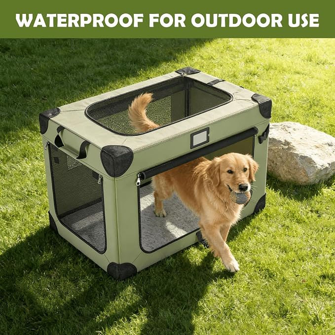 42 Inch Travel Collapsible Dog Crate Green with Signature Card，Storage Bag | Chew-Proof Mesh Window,Sturdy Frame,Soft Blanket & Foldable Bowl,Waterproof & Easy to Clean,Portable for Camping，Mesh Windows - Image 8