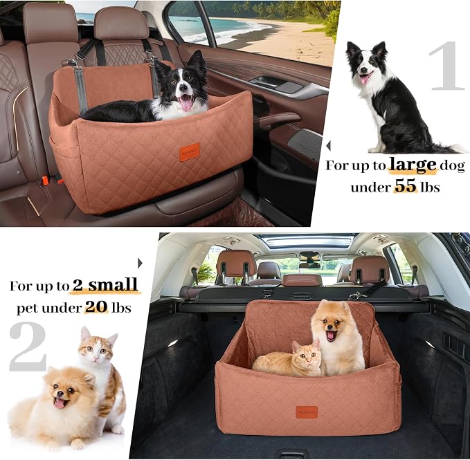 Wooaidagg Dog Car Seat for Medium & Large Dogs Up to 55lbs, Memory Foam Cushion, Washable Cover, Safety Straps & Non-Slip Base (Brown, Large) - Image 5