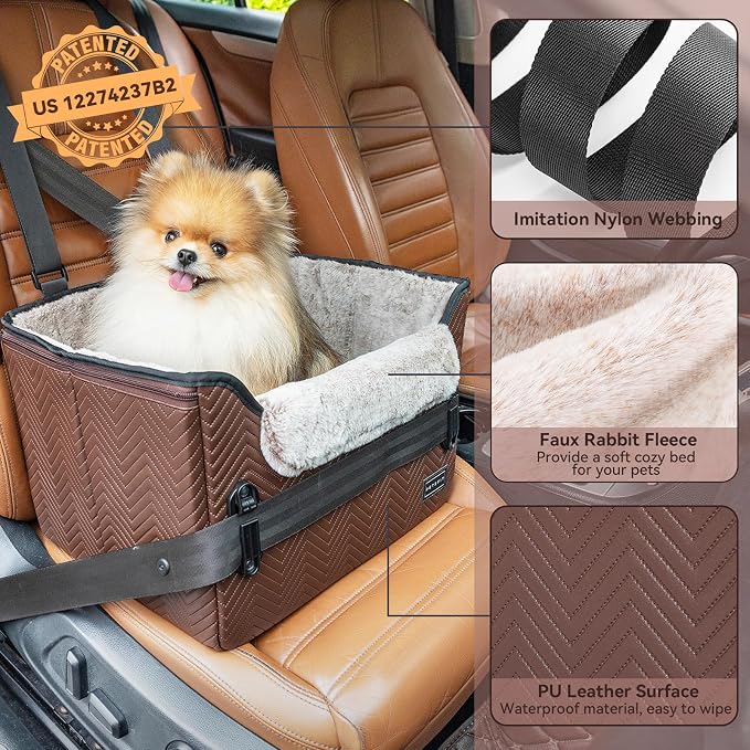 PETSFIT Car Seat for Dogs, Waterproof PU Leather Dog Car Seat for Small Dogs with Patent Safe Buckles, Clip-On Leash, Pet Travel Carrier Bed for Small Pets Up to 25lbs (Brown) - Image 5
