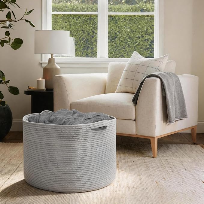 MEGASKET 115L Super Large Gray Blanket Basket, 23.6"x15.7" Woven Cotton Rope Storage Basket for Laundry, Towel, Pillow, Oversized Kids Dog Toy Storage Bin, Grey XXXL Blanket Holder for Living Room - Image 4