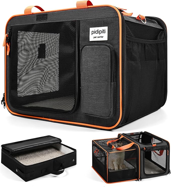 Pidipiti 20x14x14 Expandable car Travel Carrier, with Portable Litter Box | for 1 medium cat,large pet cage or kennel for long road trip,leakproof,with zipper lock,many pockets,good Visibility by pidipiti