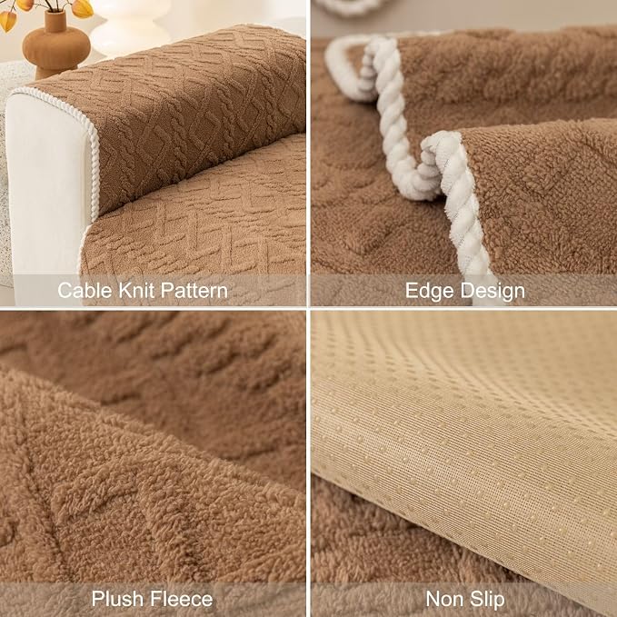 vctops Geometric Jacquard Plush Sofa Couch Covers Farmhouse Neutral Non Slip Sectional Couch Cover Soft Warm Sofa Slipcover for Dogs, Children, Pets Furniture Protector (Coffee,43"x94") - Image 7